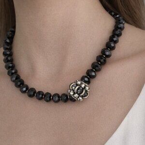 Black Faceted Crystal Beaded Statement Necklace w/ Silver Cluster Accent